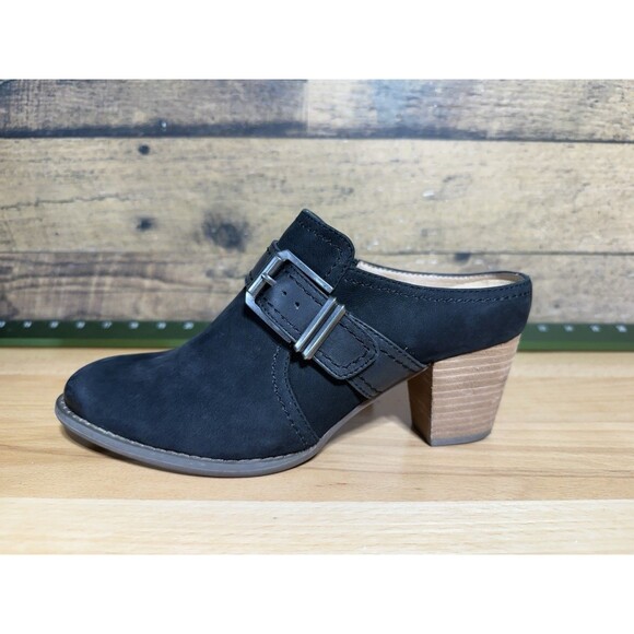 Vionic Cheyenne Suede Mules-Size 6.5-Black-Buckle Detail-Block Heel-Arch Support - Picture 1 of 14
